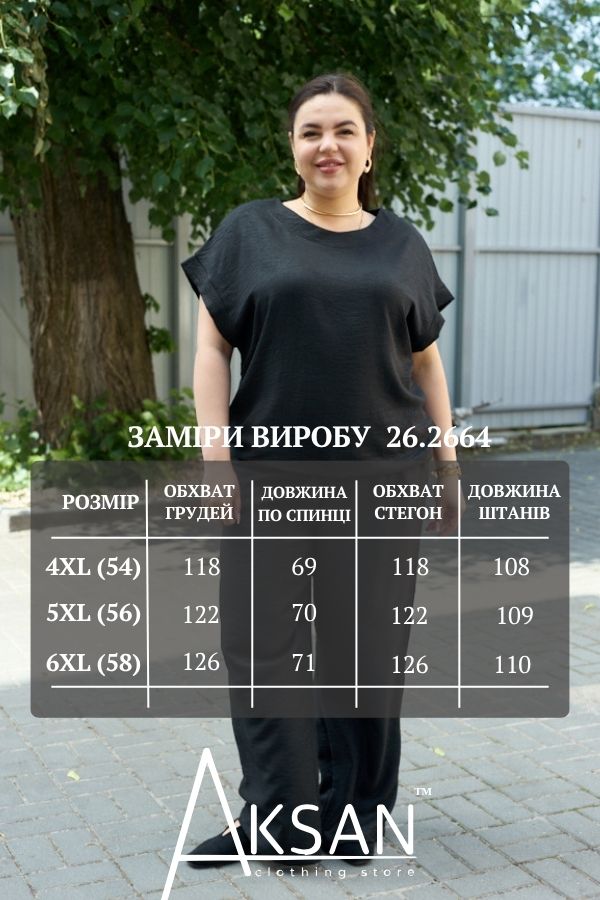 Жіночий літній костюм-двійка льон великих розмірів вільна кофта та штани палаццо на резинці Aksan 26.2664 Чорний